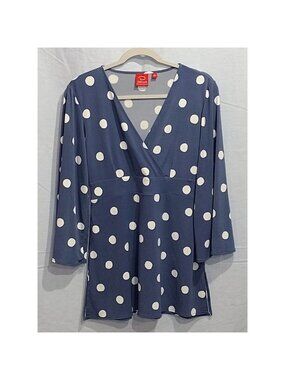 Oscar De La Renta Faux Wrap Polka Dot V Neck Tunic Blue White Medium